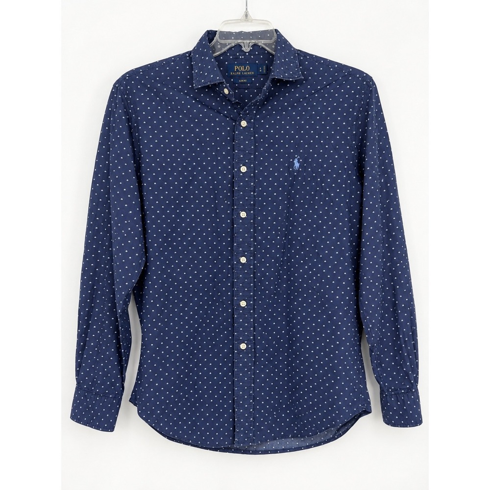 Polo Ralph Lauren Men L Navy Geometric Print Slim Fit Cotton Button Down Shirt L